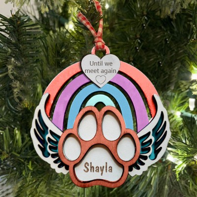 Personalised Wood Pet Paw Memorial Ornament Rainbow Bridge with Name Engraved