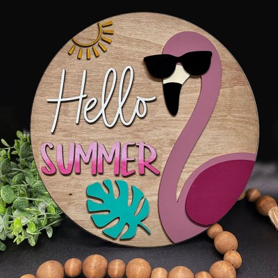 Wooden Hello Summer Flamingo Door Hanger Farmhouse Decor Entry Way Wall Welcome Sign