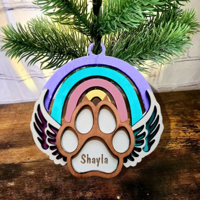 Personalised Wood Pet Paw Memorial Ornament Rainbow Bridge with Name Engraved