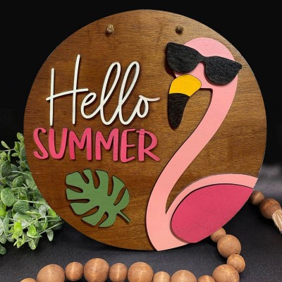 Wooden Hello Summer Flamingo Door Hanger Farmhouse Decor Entry Way Wall Welcome Sign
