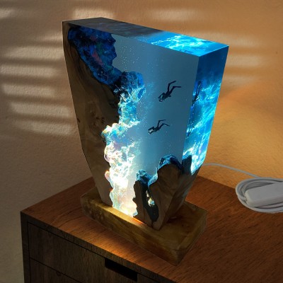 Scuba Diver Epoxy Resin Wood Lamp Gifts For Ocean Lovers
