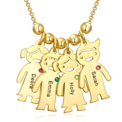 Personalized Family 1-10 Kids Charms Name Engraved Necklace With Birthstone