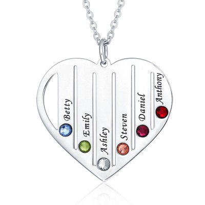 Silver Personalized Family Engraved 1-7 Birthstones and Name Necklace