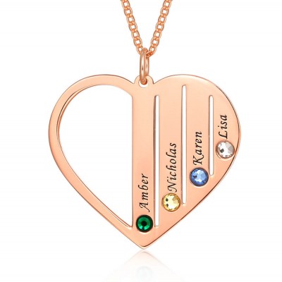 18K Rose Gold Plating Personalised Family Engraved 1-7 Birthstones and Name Necklace