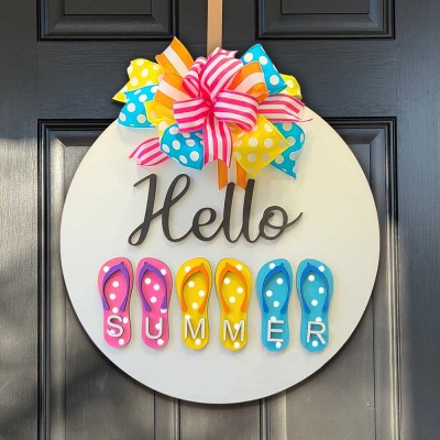 Wooden Hello Summer Door Hanger Farmhouse Decor Entry Way Wall Welcome Sign