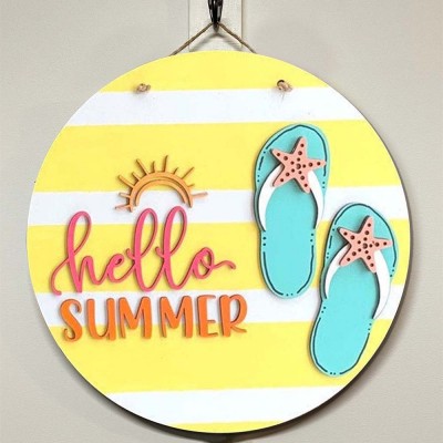 Wooden Hello Summer Door Hanger Farmhouse Decor Entry Way Wall Welcome Sign
