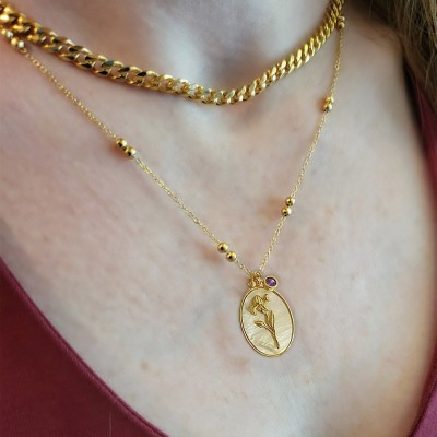 Personalised Dainty Birth Month Flower Mother Shell Gold Necklace With Birthstone For Mum