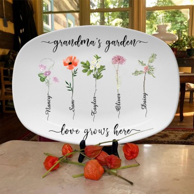 Personalized Grandma's Garden Platter With Grandkids Name and Birth Month Flower For Mother's Christmas Day