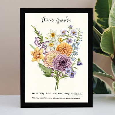 Mum's Garden Birth Flower Family Bouquet Wood Sign Art With Kids Name For Christmas Day Gift Ideas