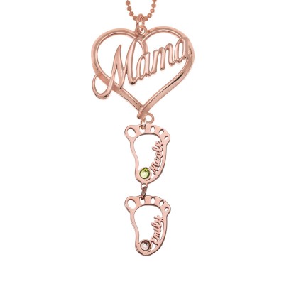 Personalised Mama Heart Pendant Birthstones Name Necklace with 1-10 Hollow BabyFeet Charms
