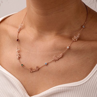 18K Rose Gold Plating Personalised 1-6 Name Necklace With Birthstone