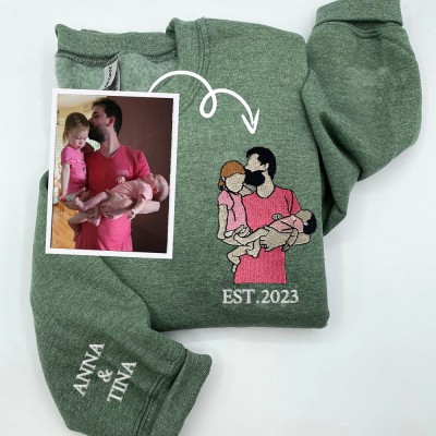 Custom Embroidered Dad Sweatshirt From Portrait with Kid Name Fathers Day or Birthday Gift for Dad