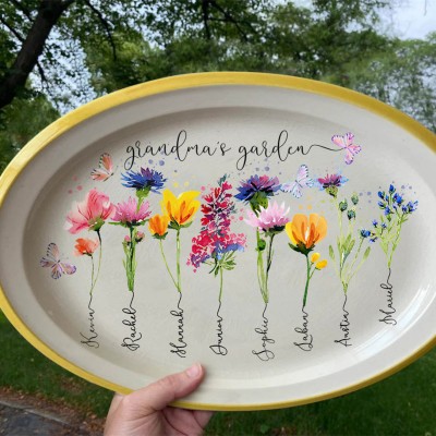 Personalised Grandma's Garden Birth Month Flower Platter With Grandchildren Name For Christmas Gift