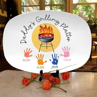 Personalised BBQ Daddy's Grilling Plate With Kids Name and Handprints For Father's Day
