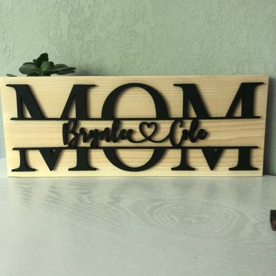 Custom Mum Wood Sign With Kids Name Engravings For Mother's Day Birthday