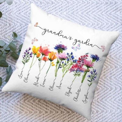 Personalised Grandma's Garden Pillow Birth Month Flower With Kids Name For Mother's Christmas Day