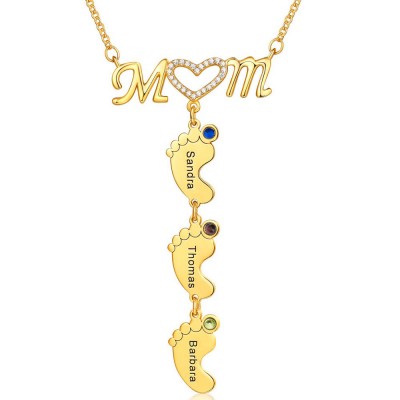 Personalised Mum BabyFeet Name Birthstones Necklace With 1-10 Charms Pendants