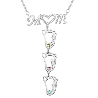 Silver Personalised 1-10 Hollow BabyFeet Name Mum Necklace With Birthstones