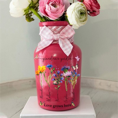 Personalised Grandma's Garden Vase With Grandchildren Name and Birth Month Flower For Christmas Gift