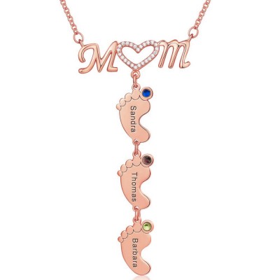 Personalised Mum BabyFeet Name Birthstones Necklace With 1-10 Charms Pendants