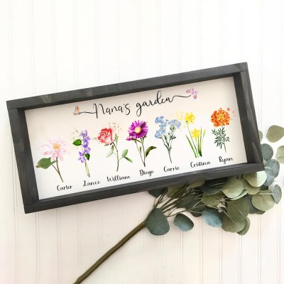Personalised Nana's Garden Frame With Grandkids Names and Birth Month Flower For Christmas Day Gift