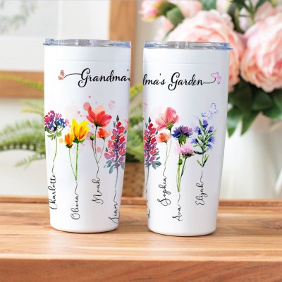 Personalised Grandma's Garden Tumbler With Grandkids Name and Birth Month Flower For Mother's Day