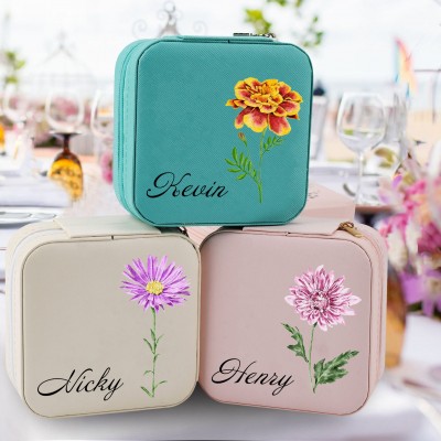 Personalised Birth Flower Jewelry Travel Box Bridesmaid Gift Case With Name