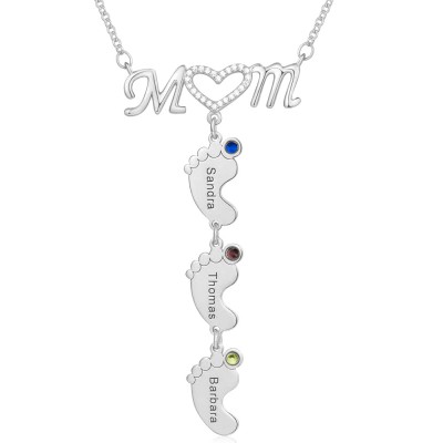 Silver Personalised Mum BabyFeet Name Birthstones Necklace With 1-10 Charms Pendants