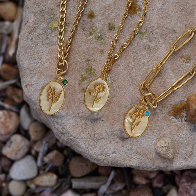Personalised Dainty Birth Month Flower Mother Shell Gold Necklace With Birthstone For Mum