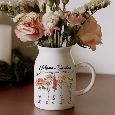 Custom Mum's Garden Birth Flower Vase With Kids Name For Mother's Day Gift Ideas