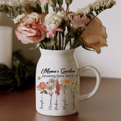 Custom Mom's Garden Birth Flower Vase With Kids Name For Mother's Day Gift Ideas