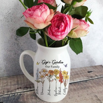 Custom Gigi's Garden Birth Flower Vase With Grandchildren Name For Mother's Day Gift Ideas