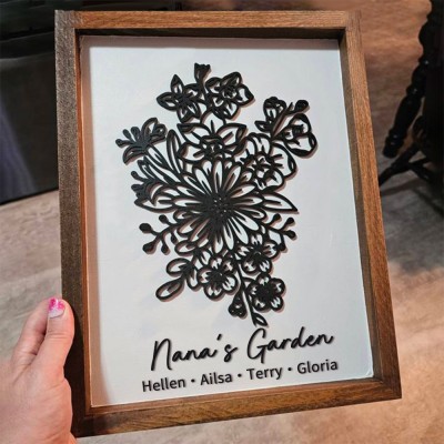 Custom Nana's Garden 3D Birth Flower Bouquet Frame With Grandkis Name For Mom Mother's Day Gift Ideas