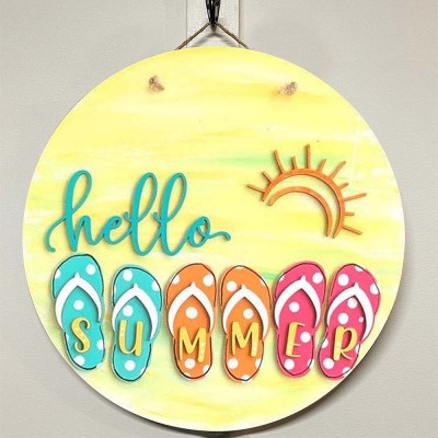 Wooden Hello Summer Door Hanger Farmhouse Decor Entry Way Wall Welcome Sign