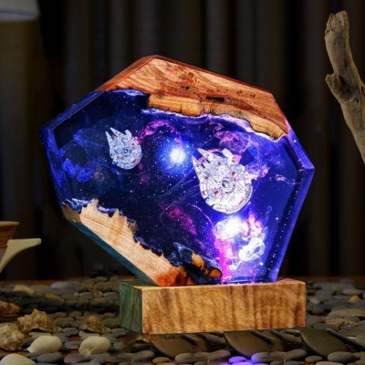 Spacecraft Galaxy Epoxy Resin Wood Lamp For Space Lovers Gifts