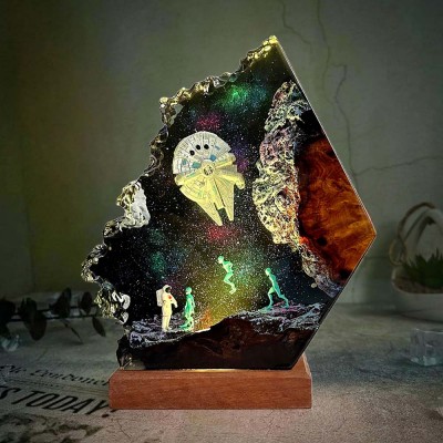 Astronaut and Aliens Galaxy Epoxy Resin Wood Lamp For Chirstmas Gifts