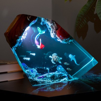 Turtle and Little Mermaid Resin Wood Lamp Gifts For Ocean Lovers