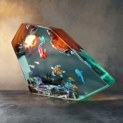 Turtle and Little Mermaid Resin Wood Lamp Gifts For Ocean Lovers