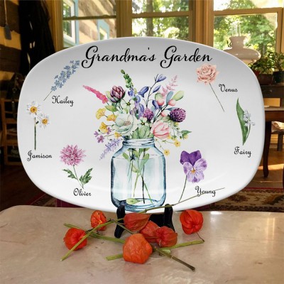 Personalised Grandma's Garden Platter With Grandchildren Name and Birth Flower For Mother's Day