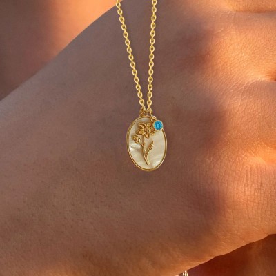 Personalised Dainty Birth Month Flower Mother Shell Gold Necklace With Birthstone For Mum