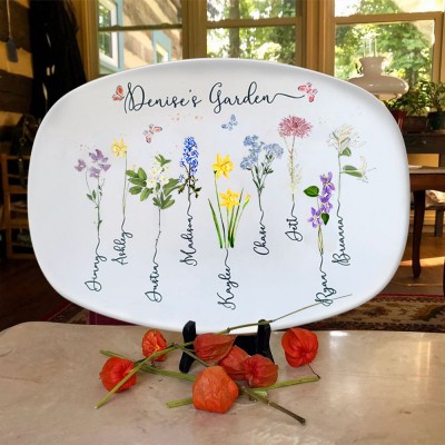 Personalized Grandma's Garden Platter With Grandkids Name and Birth Month Flower For Mother's Day