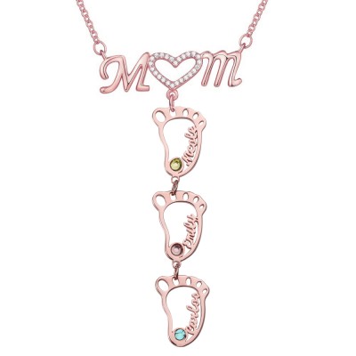 Personalised 1-10 Hollow BabyFeet Name Mum Necklace With Birthstones