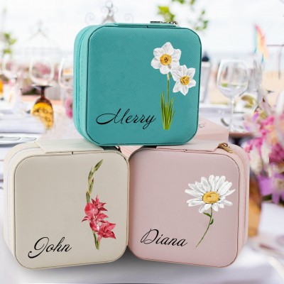 Personalised Birth Flower Jewelry Travel Boxes Case With Name