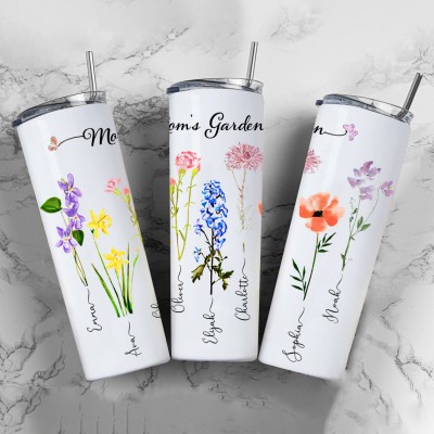 Personalised Mum's Garden Tumbler With Kids Name and Birth Month Flower For Mother's Day