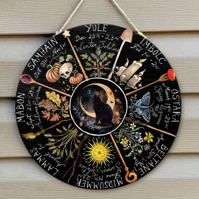 Wheel Of The Year Moon Phases Wooden hanging Calendar Sign