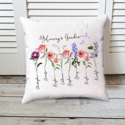 Personalised Mummy's Garden Pillow Birth Month Flower With Kids Name For Mother's Christmas Day