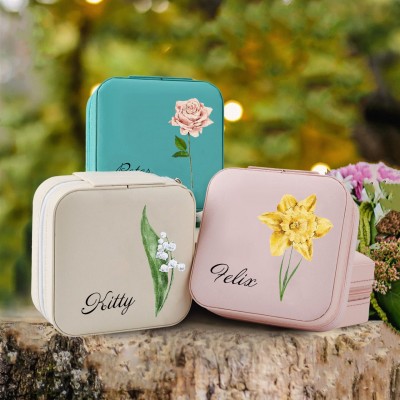 Personalised Birth Flower Jewelry Travel Box Bridesmaid Gift Case With Name
