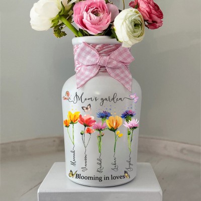 Personalised Mom's Garden Vase With Kids Name and Birth Month Flower For Christmas Gift