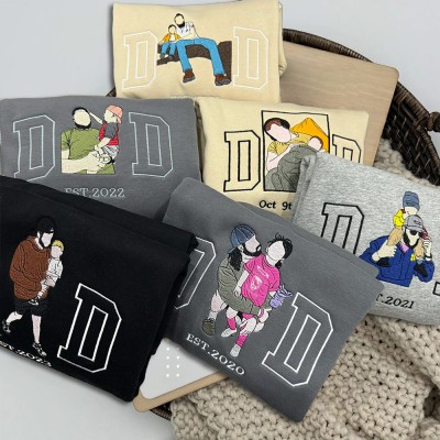 Custom Embroidered Dad Sweatshirt From Portrait with Kid Name Fathers Day or Birthday Gift for Dad