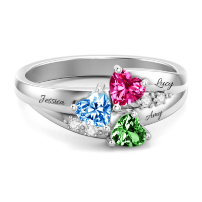 Three Heart Birthstone Mother's Ring